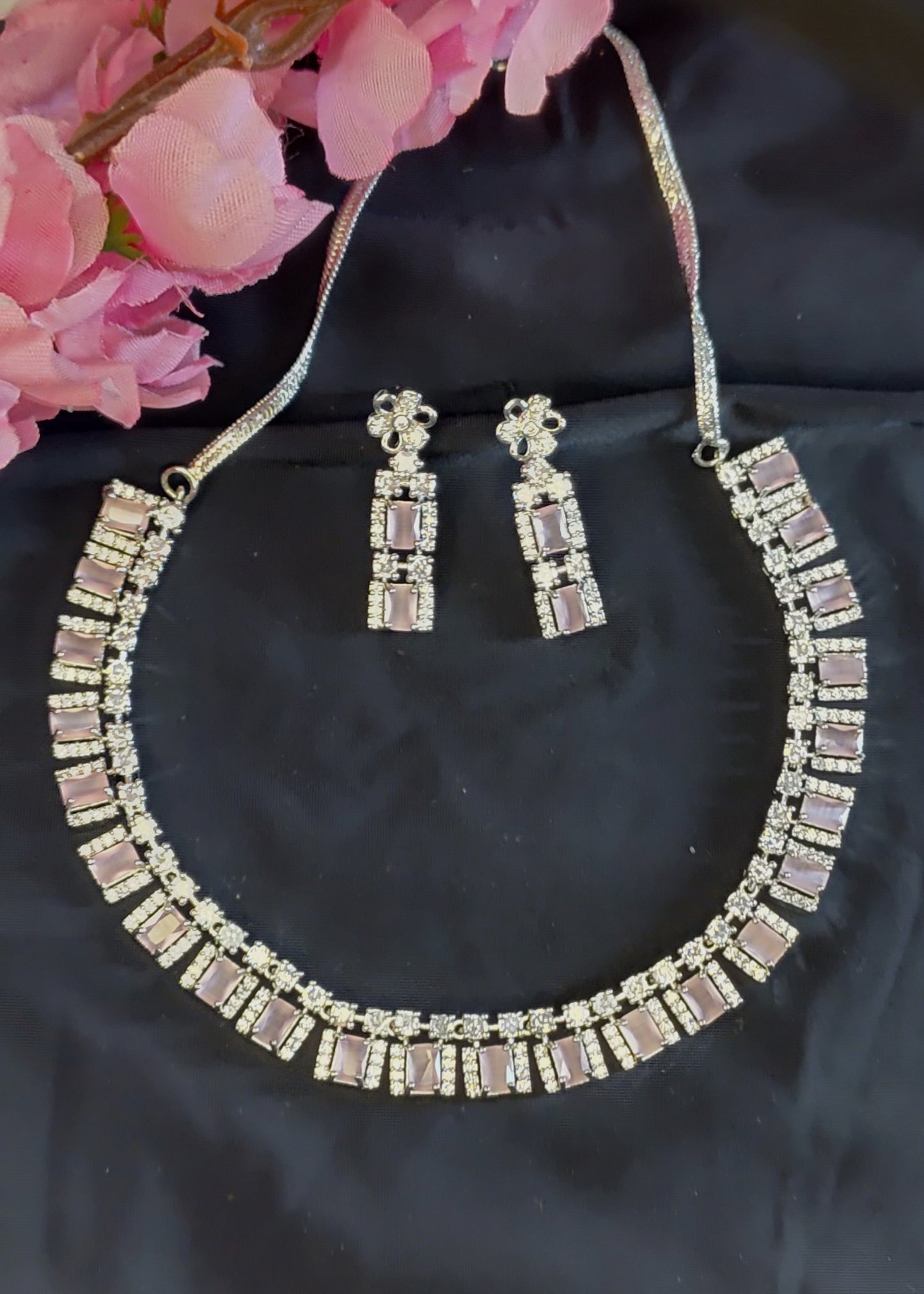 Pastel Pink and White AD Short Necklace Set