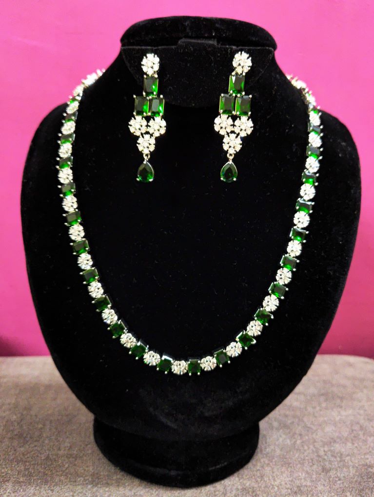 Emerald and White long AD Necklace Set